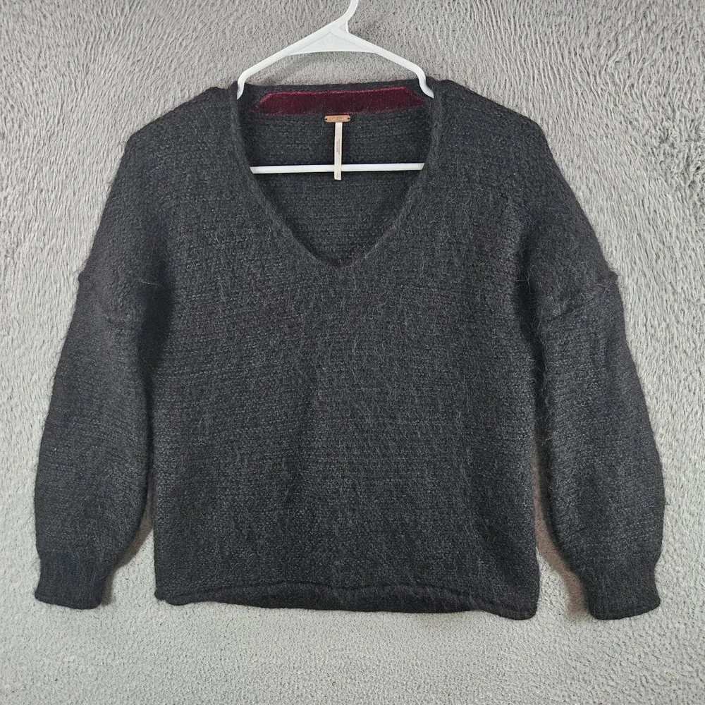 Free People Women Charcoal Gray Alpaca‎ Blend V-Neck Fuzzy Knit Sweater Small